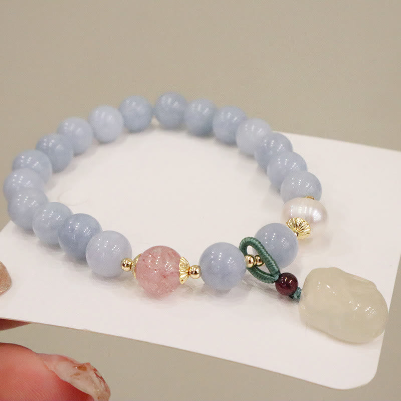 Nimara Ritual Natural Aquamarine Chalcedony Serenity Rabbit Gourd Cat Charm Bracelet
