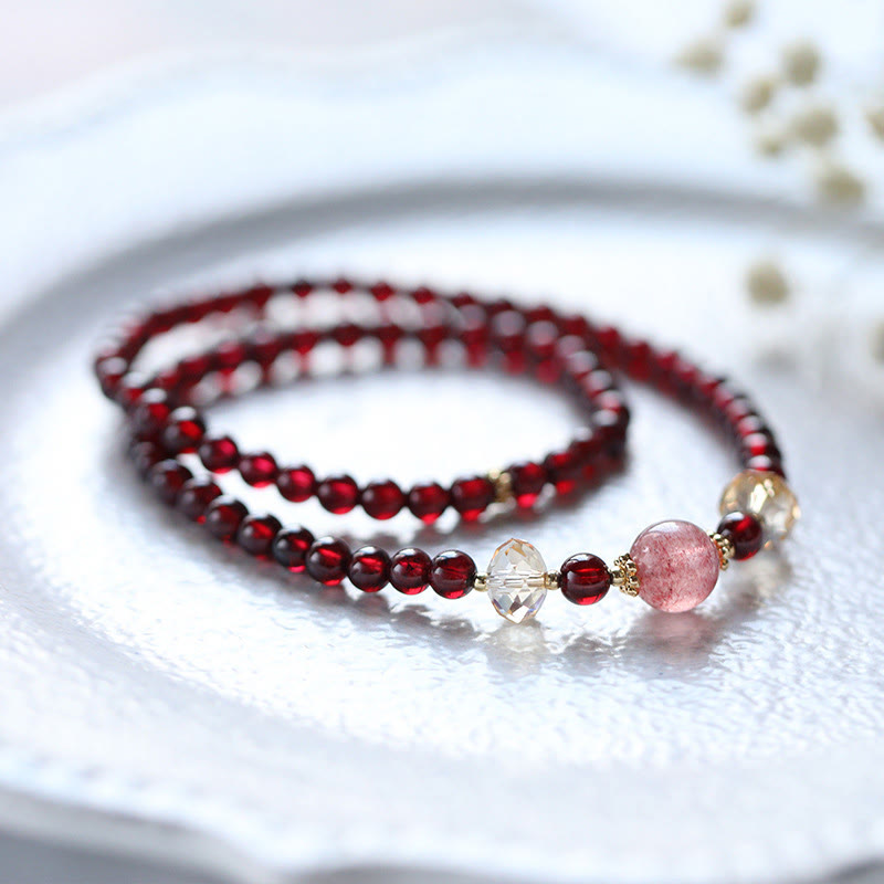 Nimara Ritual 14K Gold Plated Natural Garnet Strawberry Quartz Stability Double Wrap Bracelet