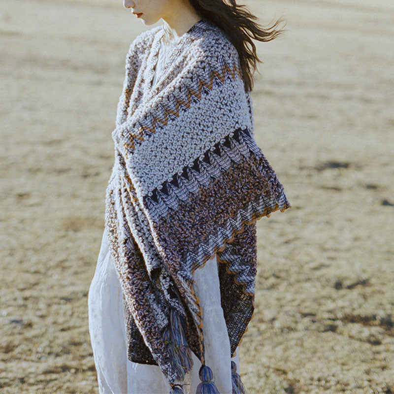 Nimara Ritual Tibetan Shawl Gray Brown Striped Knitted Tassels Winter Cozy Travel Scarf Wrap