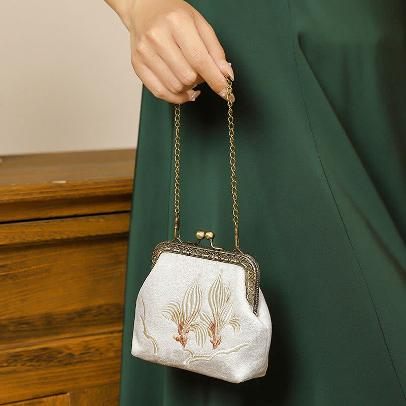 Nimara Ritual Orchids Oriental Cherry Butterfly Embroidery Metal Handle Handbag