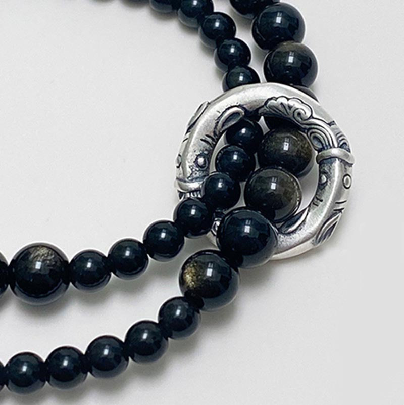 Nimara Ritual 999 Sterling Silver Black Obsidian Fulfillment Strength Double Layer Bracelet