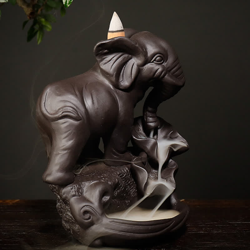 Nimara Ritual Tibetan Elephant Purple Clay Backflow Smoke Fountain Peace Healing Incense Burner Decoration