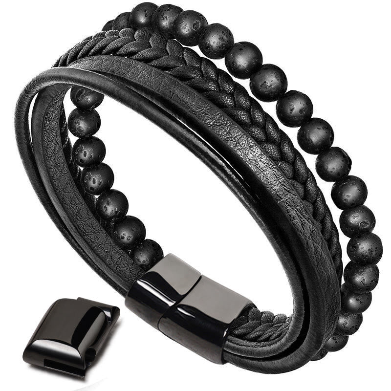 Nimara Ritual Natural Lava Rock Black Onyx Bead Leather Bracelet