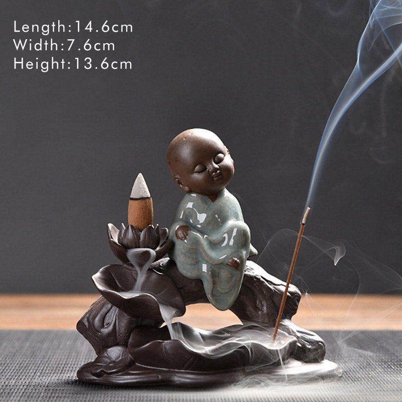 Nimara Ritual Little Monk Ceramic Lotus Blessing Incense Burner Decoration