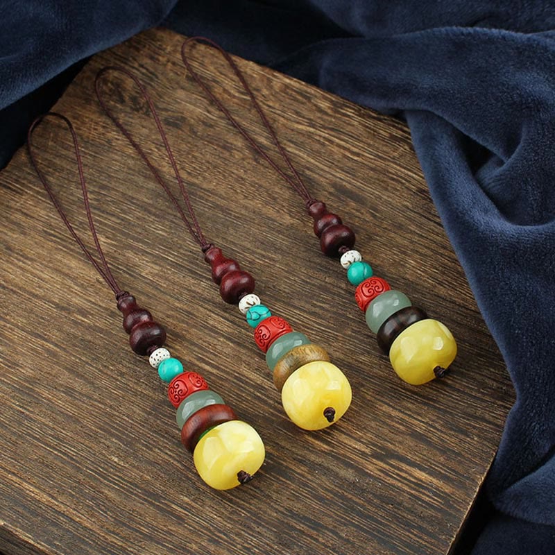 Nimara Ritual Green Sandalwood Ebony Wood Gourd Seven Layer Pagoda Positive Phone Hanging Decoration