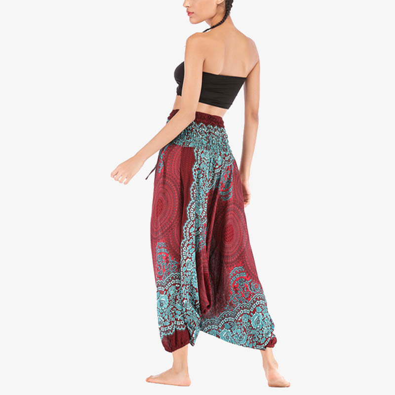 Nimara Ritual Two Style Wear Round Geometric Pattern Loose Smocked Harem Trousers Jumpsuit High Waist Women's Yoga Pants