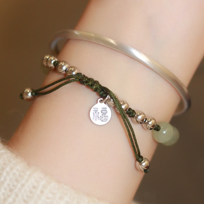 Nimara Ritual 925 Sterling Silver Natural Jade Fu Character Bamboo Abundance Bracelet