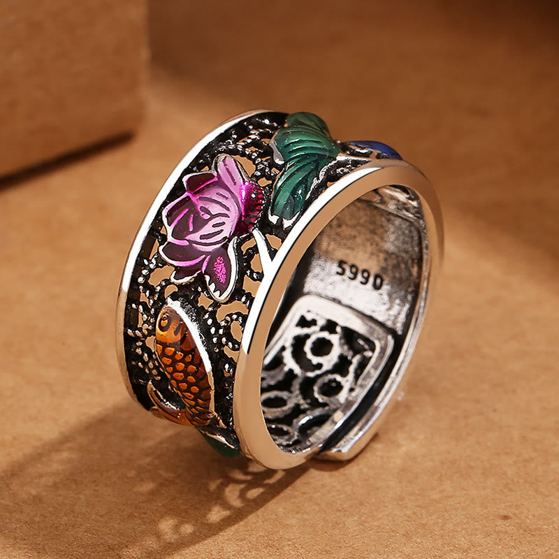 Nimara Ritual Copper Blue Enamel Lotus Heart Sutra Koi Fish Luck Ring