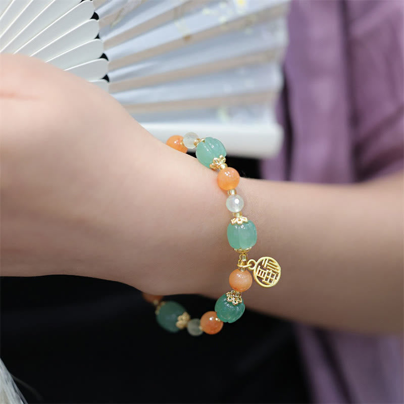 Nimara Ritual Natural Golden Silk Jade Pumpkin Bead Fu Character Charm Wealth Bracelet
