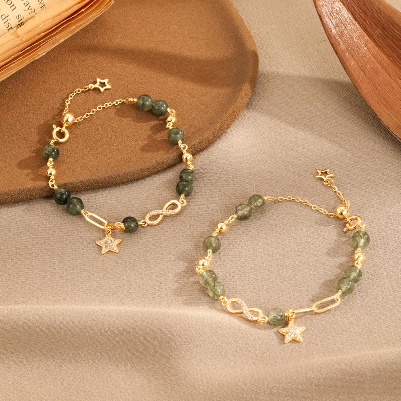 Nimara Ritual 14k Gold Plated Copper Green Rutilated Quartz MAbius Loop Eternal Love Star Protection Bracelet