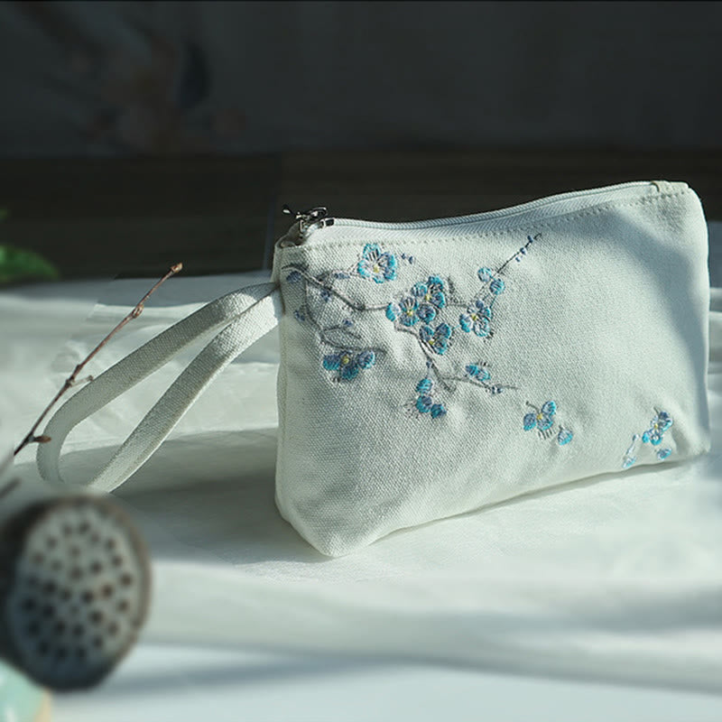 Nimara Ritual Small Flower Plum Cherry Crane Peach Blossom Embroidery Canvas Wallet Shopping Purse