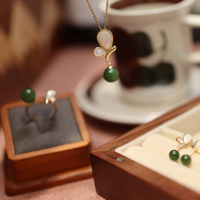 Nimara Ritual Natural Butterfly Tridacna Stone Cyan Jade Copper Plated Gold Calm Necklace Pendant Ring Earrings Set