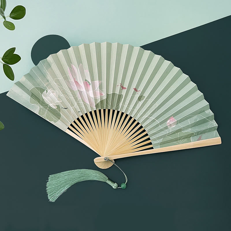 Nimara Ritual Lotus Flowers Leaf Koi Fish Handheld Paper Bamboo Folding Fan
