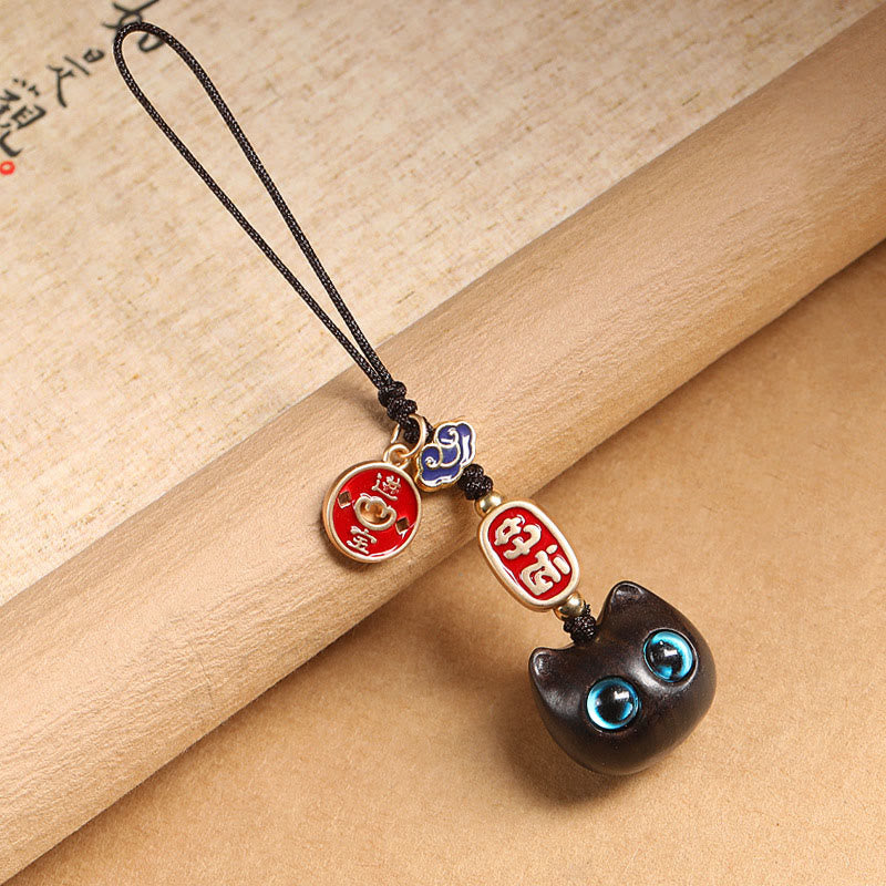 Nimara Ritual Ebony Wood Lucky Cat Auspicious Cloud Peace Key Chain Phone Hanging Decoration