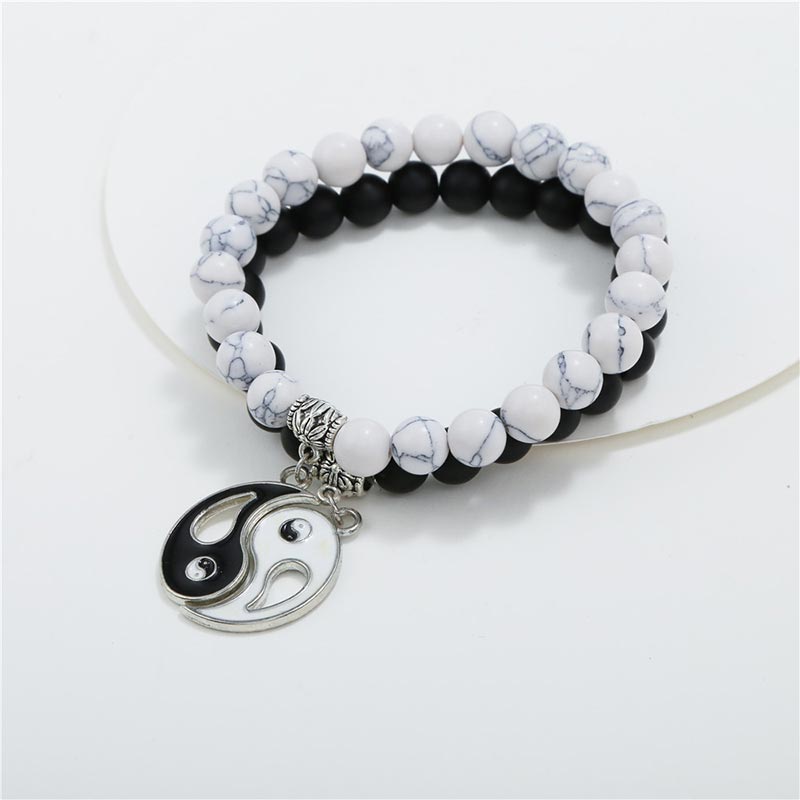Nimara Ritual 2pcs Natural Black Onyx White Turquoise Bead Yin Yang Couple Bracelet