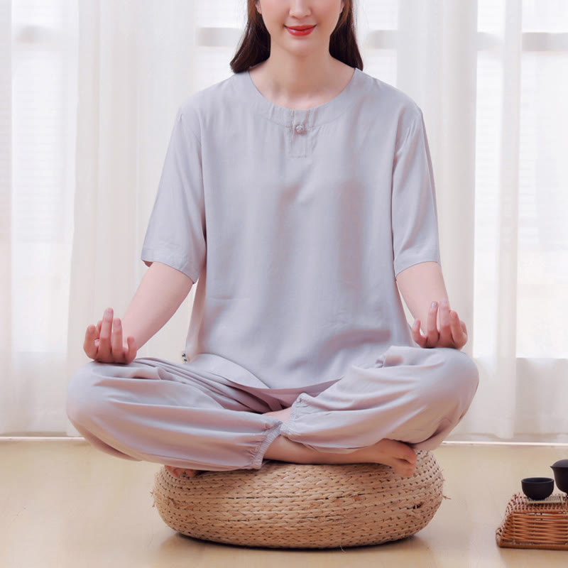 Nimara Ritual 2Pcs Half Sleeve T-Shirt Pants Meditation Zen Tai Chi Cotton Linen Clothing Unisex Set