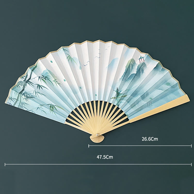 Nimara Ritual Retro Lotus Flower Leaf Mountain Lake Handheld Folding Fan With Bamboo Frames