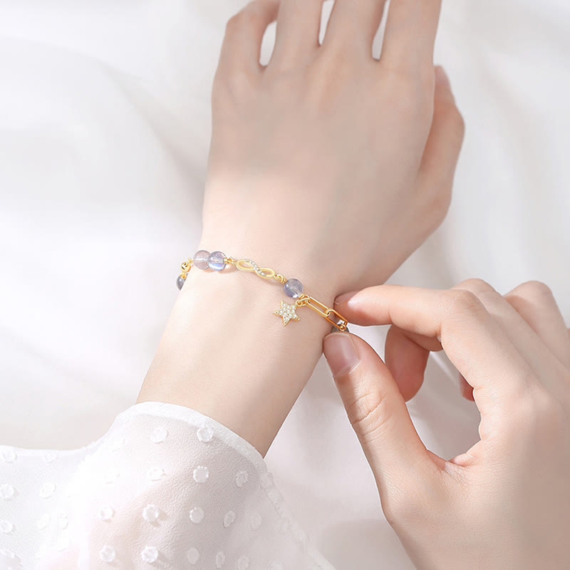 Nimara Ritual 14K Gold Plated Natural Strawberry Quartz Moonstone MAbius Loop Eternal Love Star Positive Bracelet