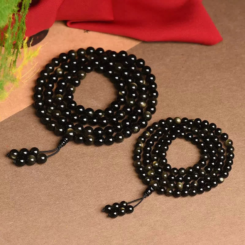 Nimara Ritual 108 Mala Beads Natural Gold Sheen Obsidian Wealth Bracelet