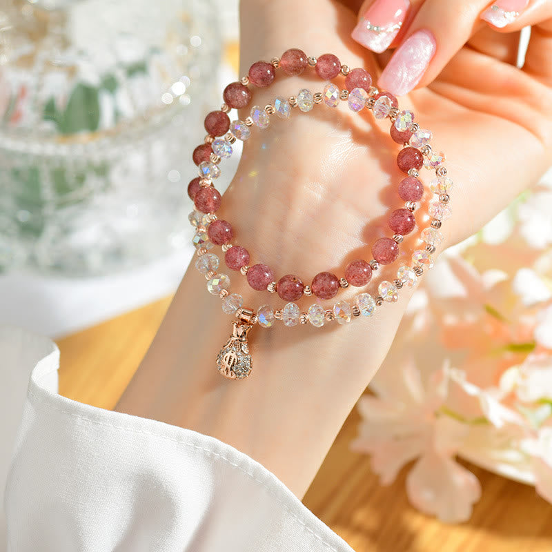 Nimara Ritual Strawberry Quartz White Crystal Money Bag Charm Positive Bracelet