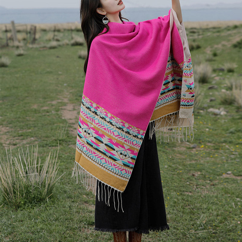 Nimara Ritual Tibetan Shawl Colorful Geometry Winter Cozy Travel Scarf Wrap