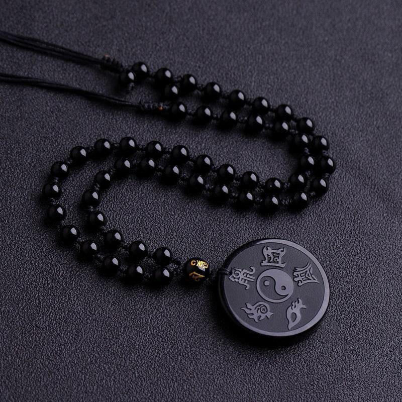 Nimara Ritual Natural Black Obsidian Taoism Five Sacred Mountains Nine-Character Mantra Carved Strength Yin Yang Necklace Pendant Key Chain