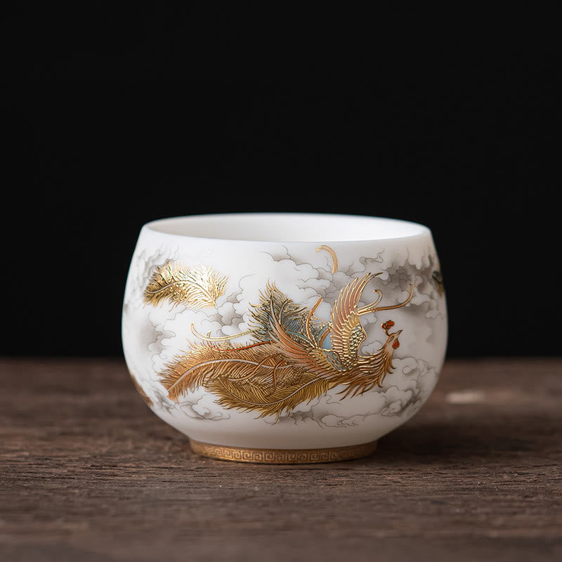 Nimara Ritual Phoenix Dragon Lotus Deer Ancient Building Koi Fish Ceramic Teacup Kung Fu Tea Cups