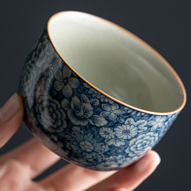 Nimara Ritual Blue Lotus Peach Blossom Chrysanthemum Design Ceramic Teacup Kung Fu Tea Cups