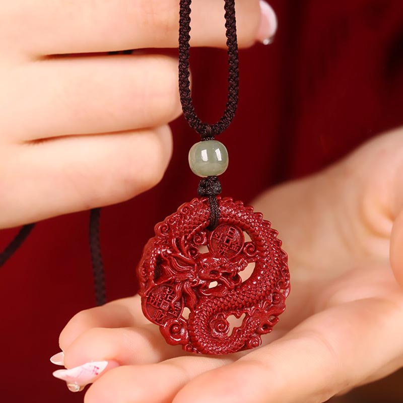 Nimara Ritual Year Of The Dragon Natural Cinnabar Hetian Jade Bead Copper Coin Attract Wealth Strength Necklace Pendant