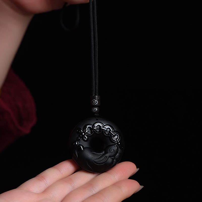 Nimara Ritual Chinese Zodiac Natural Black Obsidian Peace Buckle Strength Necklace Pendant