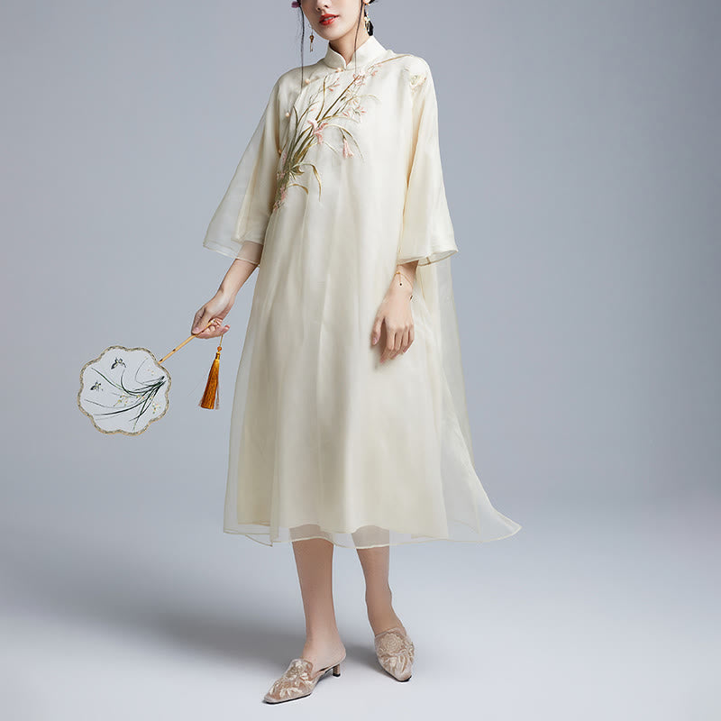 Nimara Ritual 100% Mulberry Silk 6 Momme Dress Vintage Flower Butterfly Embroidery Qipao Dress Women's Cheongsam Dress