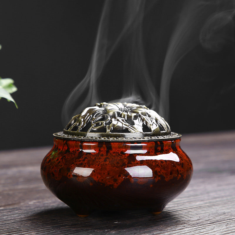 Nimara Ritual Flower Pattern Ceramic Blessing Meditation Incense Burner Decoration