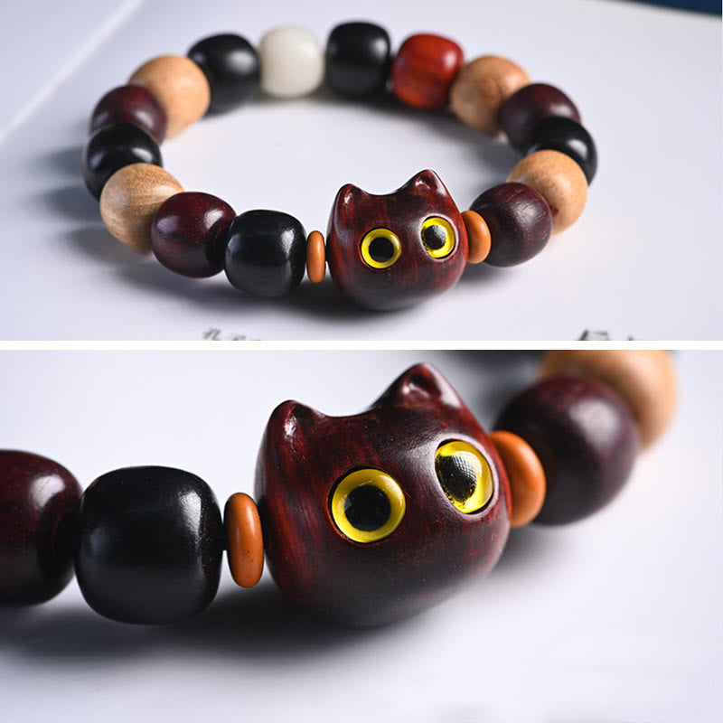 Nimara Ritual Small Leaf Red Sandalwood Ebony Wood Cute Cat Engraved Protection Bracelet