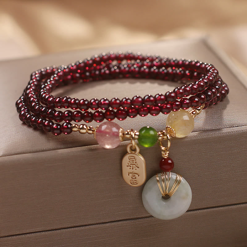Nimara Ritual Natural Garnet Strawberry Quartz Crystal Fox Koi Fish Peace Buckle Fortune Protection Triple Wrap Bracelet
