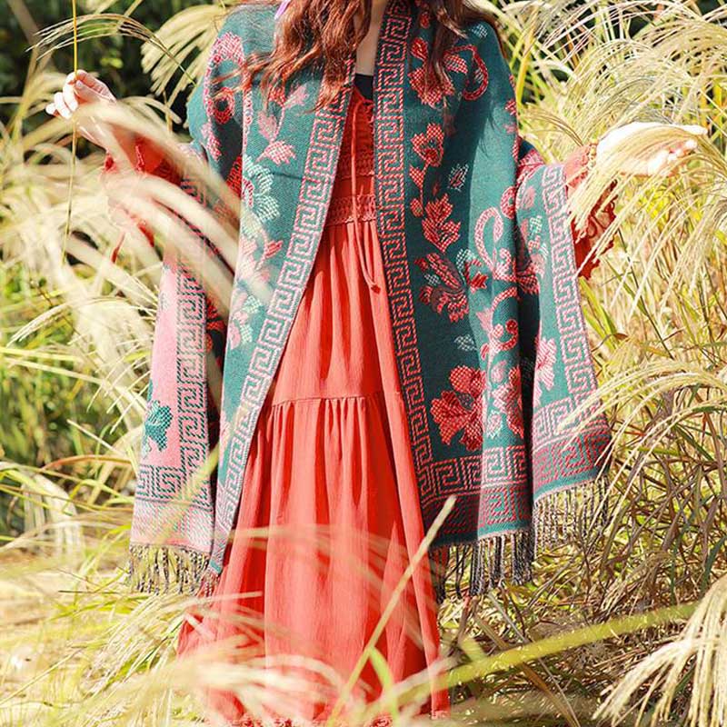 Nimara Ritual Tibetan Flowers Leaves Pattern Design Shawl Cozy Travel Scarf Wrap