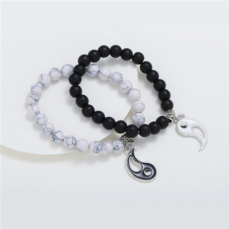 Nimara Ritual 2pcs Natural Black Onyx White Turquoise Bead Yin Yang Couple Bracelet
