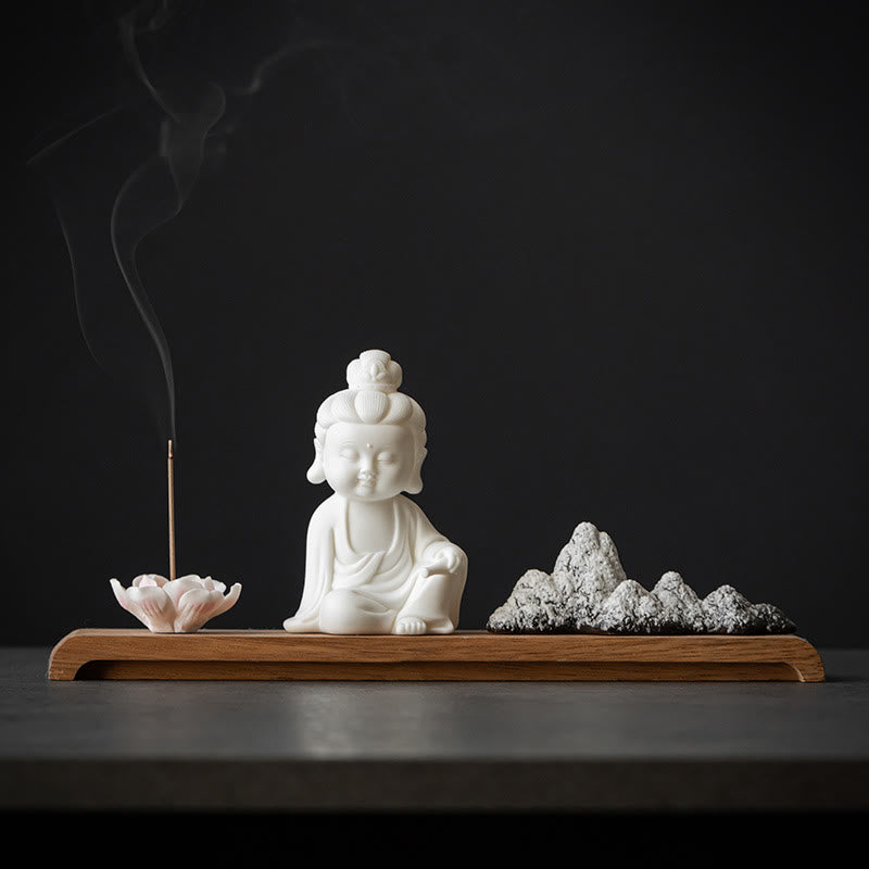 Nimara Ritual Lotus Flower Tathagata Kwan Yin Avalokitesvara Ksitigarbha Meditation Ceramic Stick Incense Burner Decoration