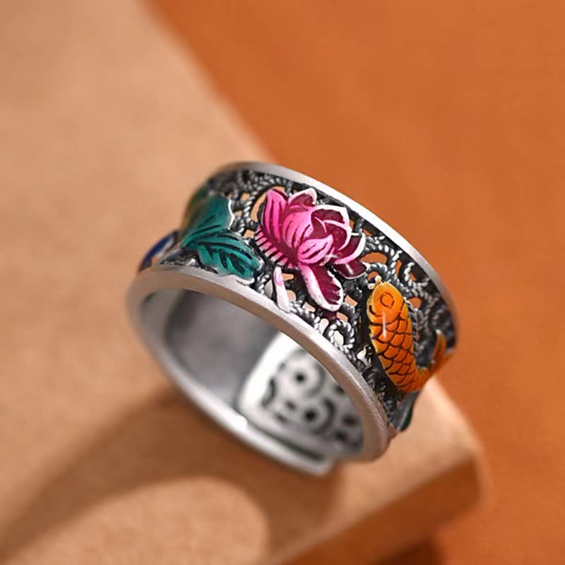Nimara Ritual Copper Blue Enamel Lotus Heart Sutra Koi Fish Luck Ring