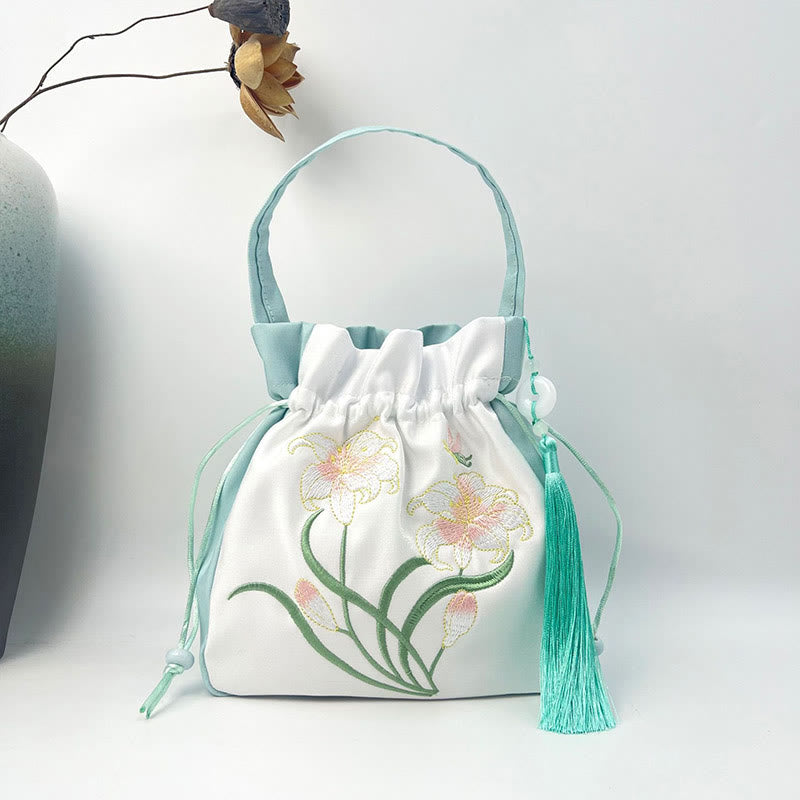 Nimara Ritual Embroidered Flowers Wisteria Lily Cotton Linen Tote Crossbody Bag Shoulder Bag Handbag
