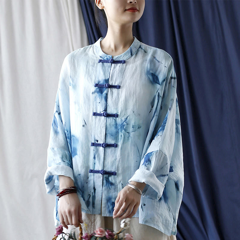 Nimara Ritual Tie Dye Blue Flowers Frog-Button Design Long Sleeve Ramie Linen Jacket Shirt