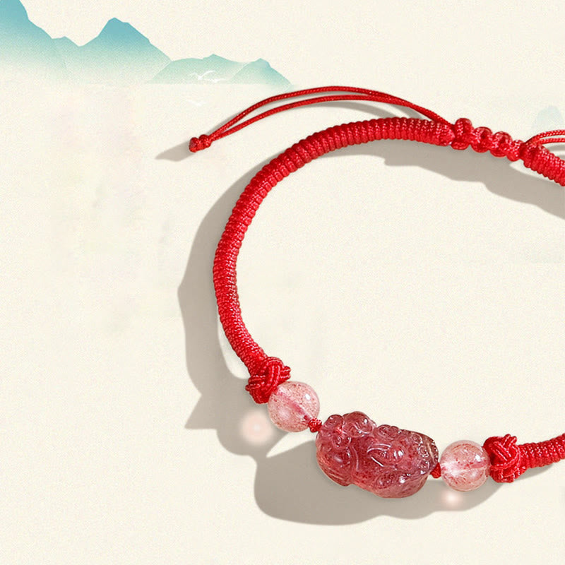 Nimara Ritual Handmade Natural Silver Sheen Obsidian Strawberry Quartz PiXiu Protection Braided Bracelet