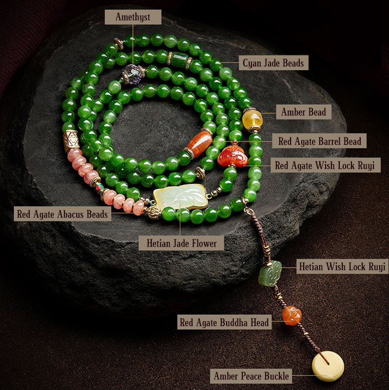 Nimara Ritual 108 Mala Beads Cyan Jade Red Agate Laughing Buddha Luck Bracelet