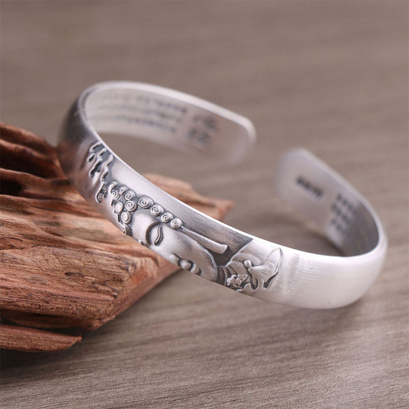 Nimara Ritual 999 Sterling Silver Buddha Head Heart Sutra Serenity Bracelet Bangle