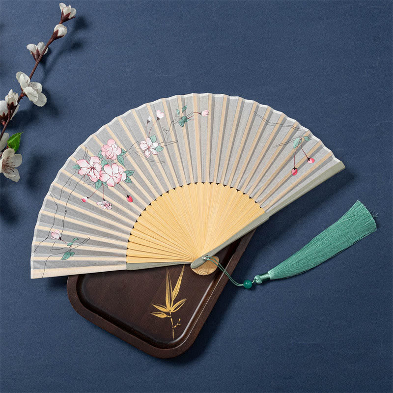 Nimara Ritual Lotus Begonia Flower Jasmine Handheld Bamboo Folding Fan 21cm