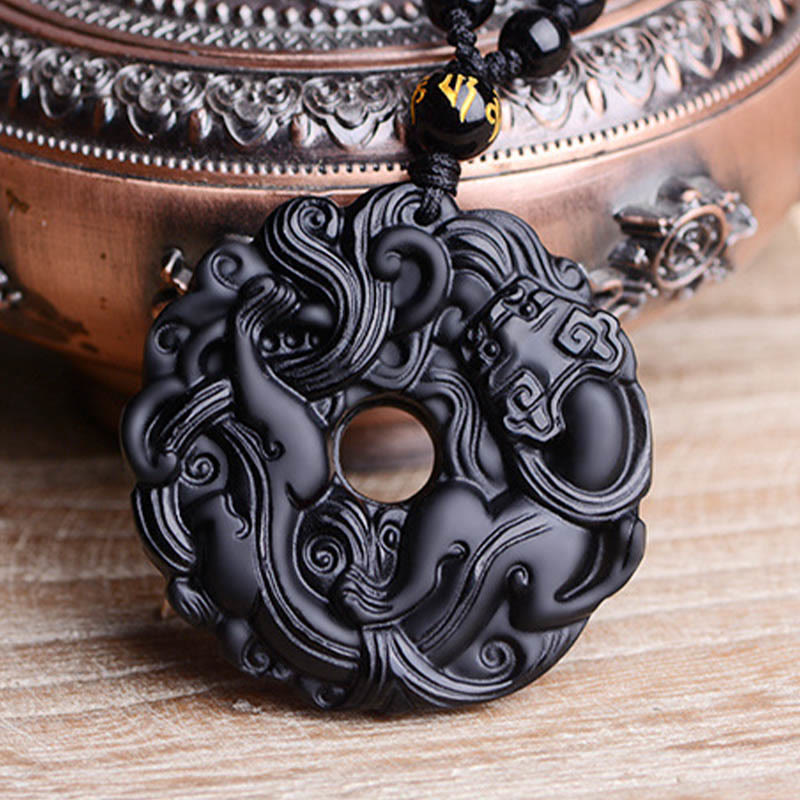 Nimara Ritual Natural Black Obsidian Peace Buckle Pixiu Purification Necklace Pendant