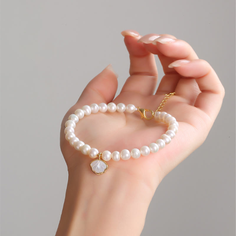 Nimara Ritual 14K Gold Plated Natural Pearl Crystal Shell Charm Bead Bracelet