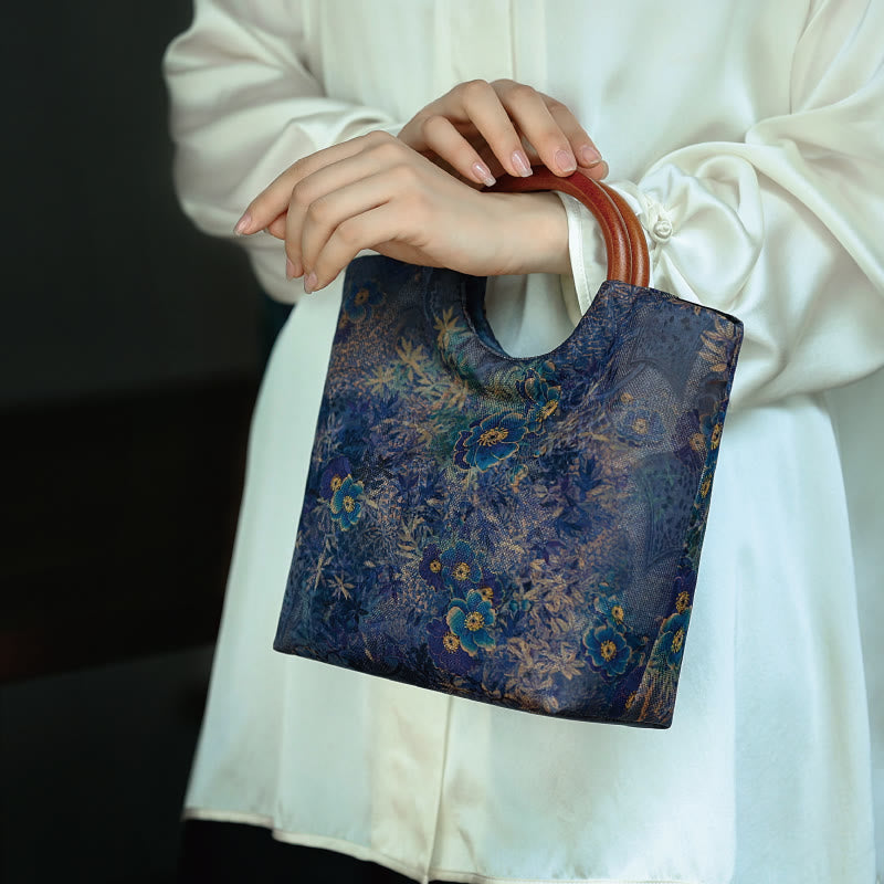 Nimara Ritual Peony Flower Bamboo Leaves Bird Solid Wood Handle Handbag