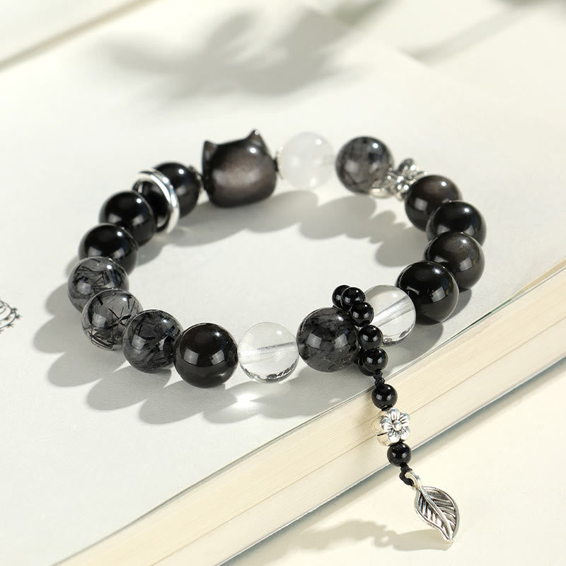Nimara Ritual Natural Silver Sheen Obsidian Cat Head Fox Planet Protection Bracelet