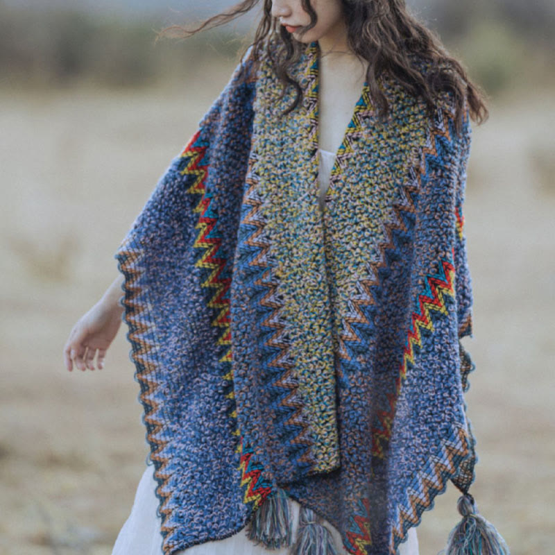 Nimara Ritual Tibetan Shawl Soft Warm Knitting Cloak Winter Tibetan Tassel Scarf