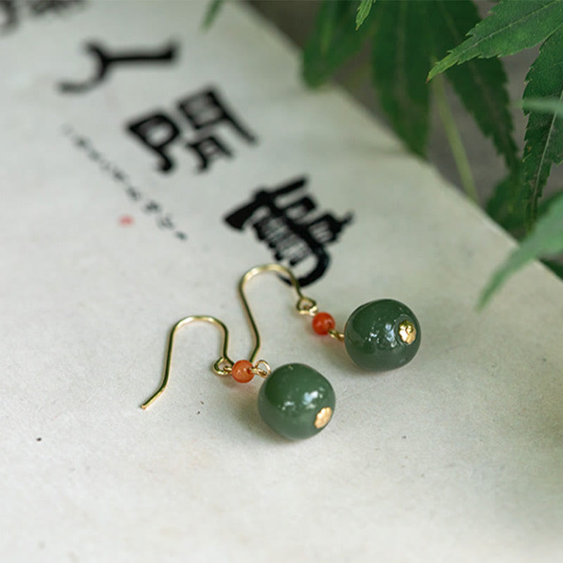 Nimara Ritual 925 Sterling Silver Plated 14k Gold Hetian Jade Red Agate Luck Drop Dangle Earrings